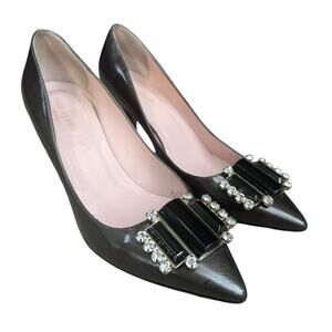 Kate Spade Rhinestone Embellished Saffiano Leather Pumps Heels Gray 6 1/2 B